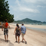 A morning beach stroll by three amigos. Off to have an "American breakfast" of toast, eggs, hash browns, bacon and coffee or tea.