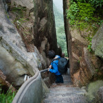 Unbelievably steep stairs. Besides being steep and uneven, they were also wet. The lady in front of us was probably in her late 50s or so.